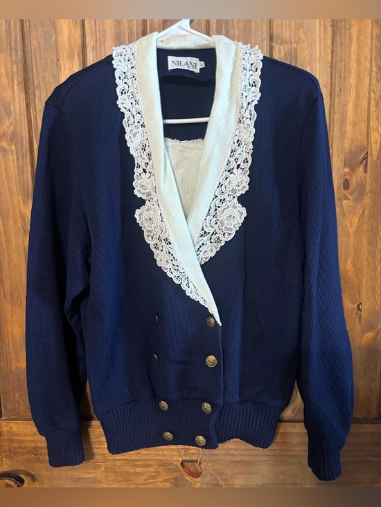 Nilani Sweaters - Vintage Nilani Navy Blue Off White Lace Trim knit Cardigan Coquette Sweater M